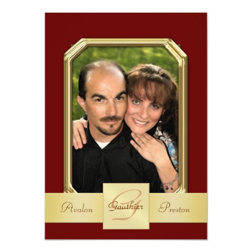 Burgandy Modern Photo Frame Gold Ribbon Invitation 5" X 7" Invitation Card