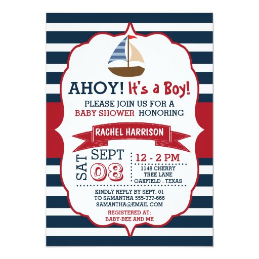 Ahoy It's A Boy! Nautical Boat Baby Shower Invites 5" X 7" Invitation C...