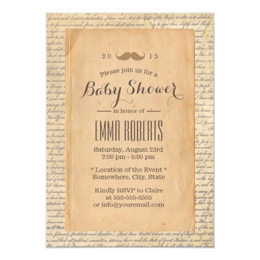 Vintage Mustache Old Script Background Baby Shower 5x7 Paper Invitation Card