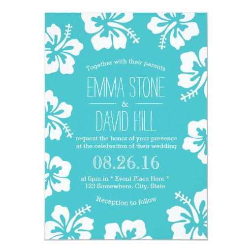 Classy Hibiscus Flowers Turquoise Wedding 5x7 Paper Invitation Card (front side)