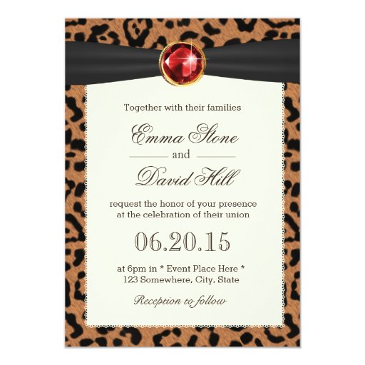 Ruby Gemstone Black Ribbon Leopard Print Wedding 5x7 Paper Invitation Card