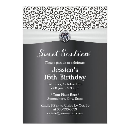 Classy Snow Leopard Print Ivory Ribbon Sweet 16 5x7 Paper Invitation Card (front side)