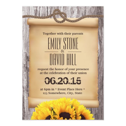 Country Sunflowers & Twine Knot Barn Wood Wedding 5x7 Paper Invitation Card