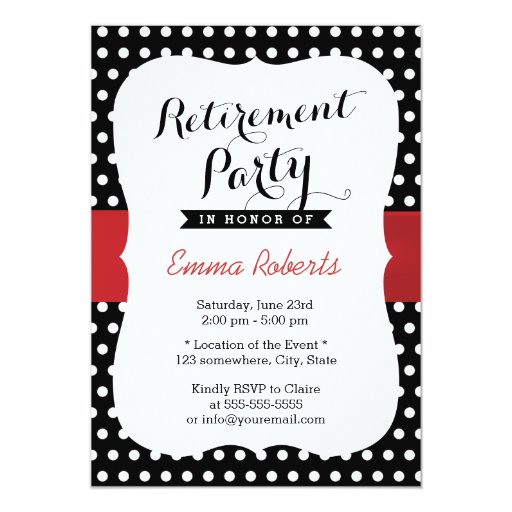 Classy Black & White Polka Dot Retirement Party 5x7 Paper Invitation Card (front side)