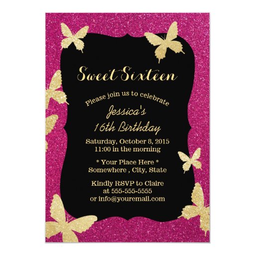 Luxury Gold Glitter Butterflies Sweet 16 5x7 Paper Invitation Card (front side)