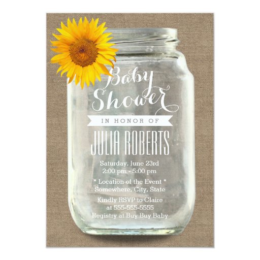 Sunflower & Maron Jar Burlap Baby Shower 5x7 Paper Invitation Card