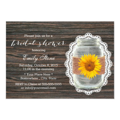 Country Sunflower Mason Jar Wood Bridal Shower 5x7 Paper Invitation Card (front side)