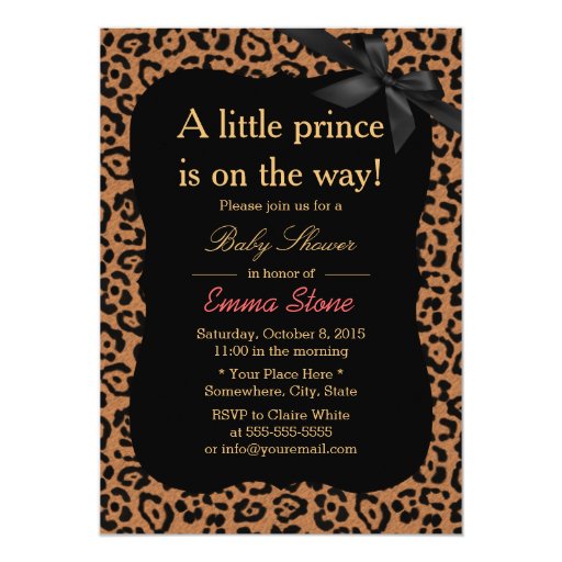 Chic Leopard Print Black Ribbon Baby Shower 5x7 Paper Invitation Card