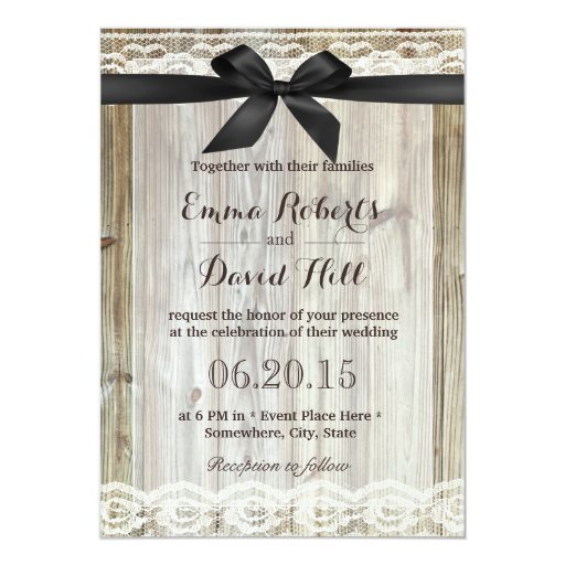 Rustic Black Ribbon & Lace Barn Wood Wedding 5x7 Paper Invitation Card