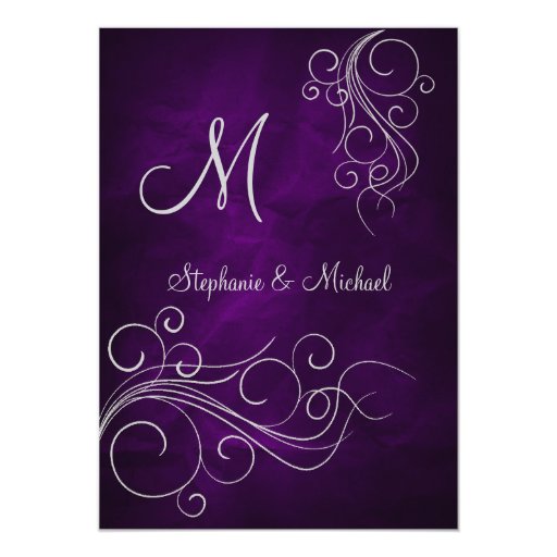 Elegant Purple Silver Monogram Wedding Invitation 5" X 7" Invitation Card (front side)