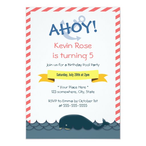Nautical Blue Whale Birthday Pool Party Invitation 5" X 7" Invitation Card (front side)