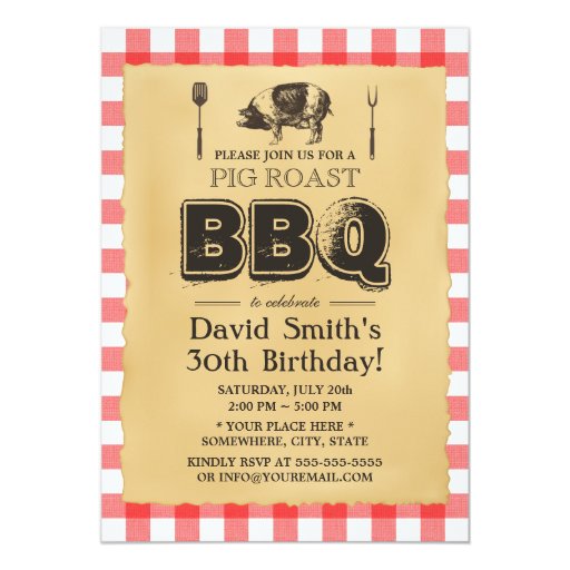 Classic Red Plaid Pig Roast BBQ Birthday Party 5x7 Paper Invitation Card (front side)