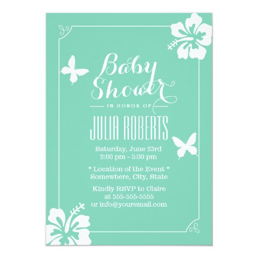 Mint Green Butterfly & Hibiscus Baby Shower 5x7 Paper Invitation Card