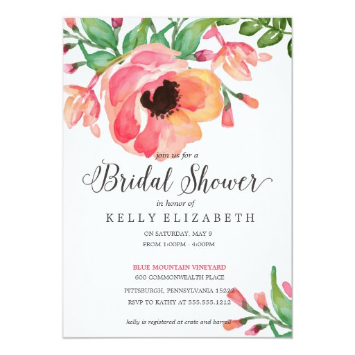 MODERN WATERCOLOR FLORAL bridal shower invitation 5" X 7" Invitation Card