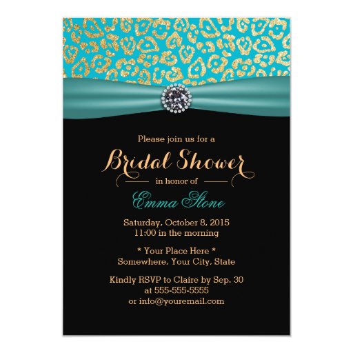 Modern Teal & Gold Leopard Print Bridal Shower 5x7 Paper Invitation Card