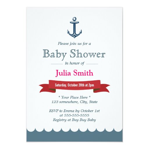 Nautical Blue Anchor Baby Shower Invitations 5" X 7" Invitation Card (front side)