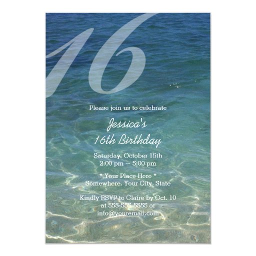 Stylish Blue Sea Water Beach Sweet 16 5x7 Paper Invitation Card (front side)