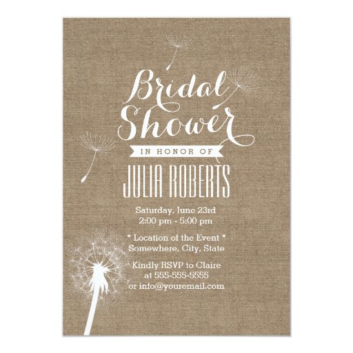 Rustic Dandelion Blowing Burlap Bridal Shower 5x7 Paper Invitation Card