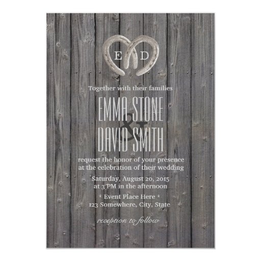 Country Rustic Horseshoe Heart Barn Wood Wedding 5x7 Paper Invitation Card