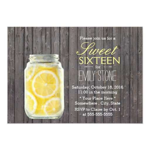 Rustic Lemons Jar & Barn Wood Sweet 16 5x7 Paper Invitation Card