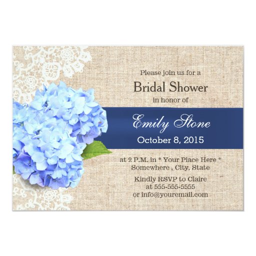 Classy Blue Hydrangea Lace & Burlap Bridal Shower 5x7 Paper Invitation Card (front side)