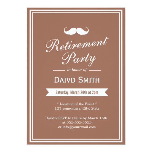 Mustache Classy Brown Retirement Party Invitations 5" X 7" Invitation Card (front side)