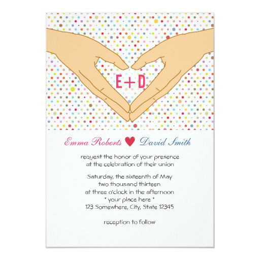 Colorful Polka Dots Hand Heart Wedding Invitations 5" X 7" Invitation Card