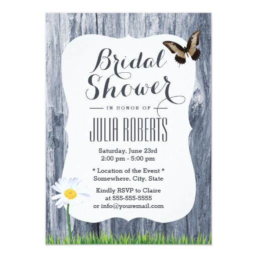 Classy Daisy & Butterfly Blue Wood Bridal Shower 5x7 Paper Invitation Card
