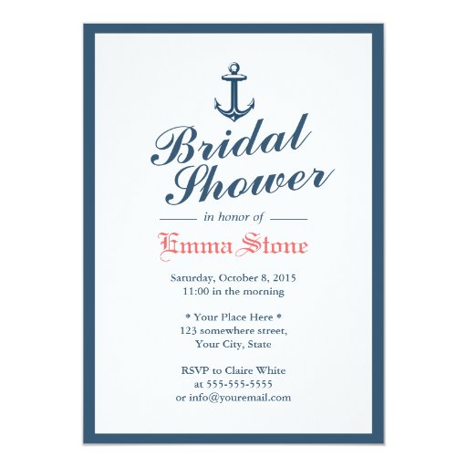 Classy Blue Border Nautical Anchor Bridal Shower 5x7 Paper Invitation Card
