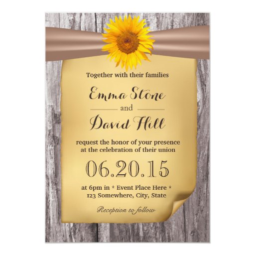 Classy Ribbon & Wood Country Sunflower Wedding 5x7 Paper Invitation Card