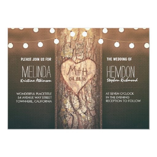 rustic tree heart and string lights wedding invite 5" x 7" invitation card