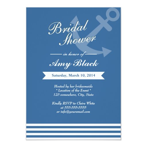 Nautical Blue Anchor Wedding Bridal Shower Invites 5" X 7" Invitation Card (front side)