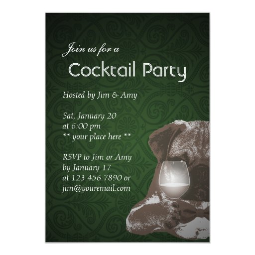 Green Pug & Fine Wine Cocktail Party Invitations 5" X 7" Invitation Card (front side)