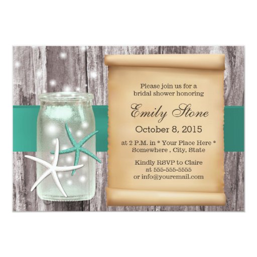 Teal Belt Starfish & Mason Jar Wood Bridal Shower 5x7 Paper Invitation Card
