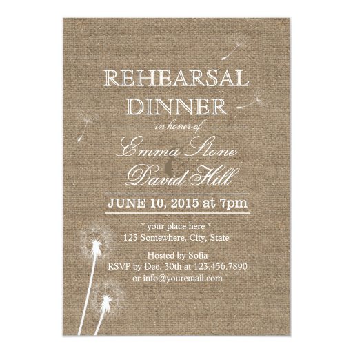 Rustic Burlap Dandelion Rehearsal Dinner 5x7 Paper Invitation Card