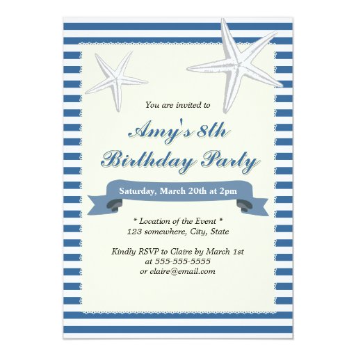Classy Starfish Blue Stripes Birthday Invitations 5" X 7" Invitation Card