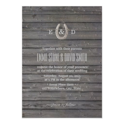 Rustic Horseshoe Dark Barn Wood Wedding 5x7 Paper Invitation Card