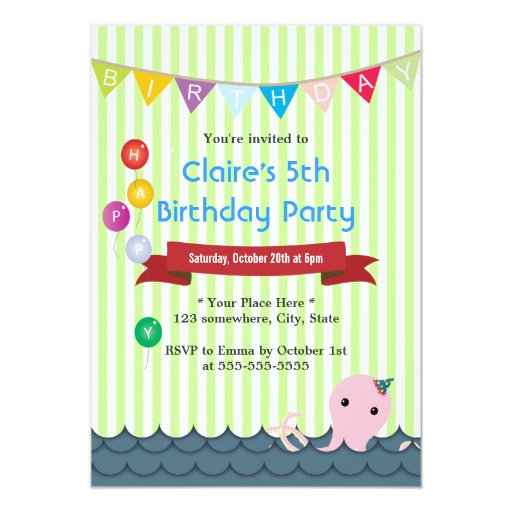 Cute Octopus Green Stripes Birthday Invitations 5" X 7" Invitation Card (front side)