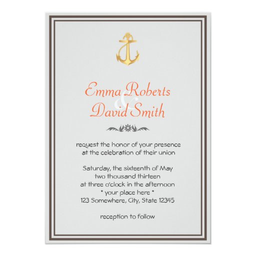 Gold Anchor Double Border Nautical Wedding Invites 5" X 7" Invitation Card (front side)