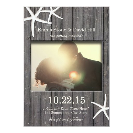 Rustic Starfish & Barn Wood Photo Wedding 5x7 Paper Invitation Card (front side)