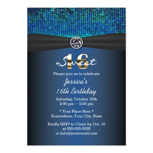 Luxury Royal Blue Black Ribbon Sweet 16 5x7 Paper Invitation Card