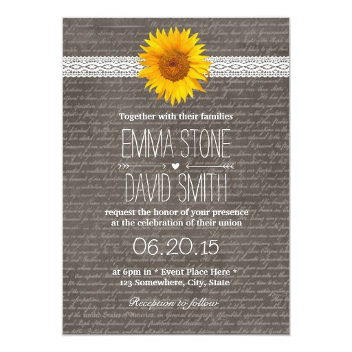 Vintage Sunflower & Lace Wedding Invitations 5" X 7" Invitation Card