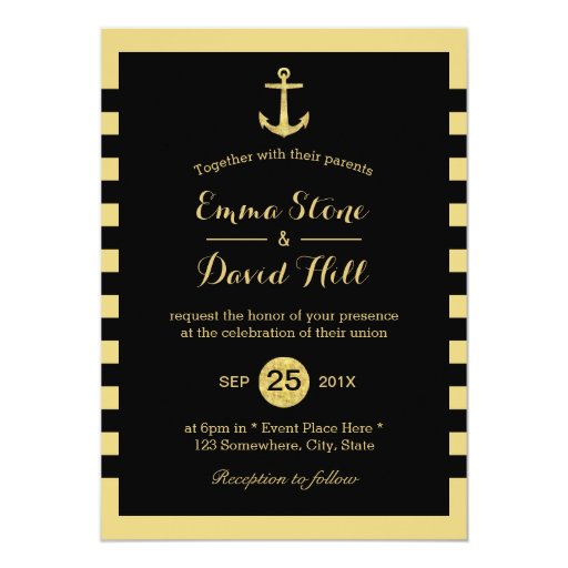 Nautical Gold Anchor Black & Gold Wedding 5x7 Paper Invitation Card (front side)