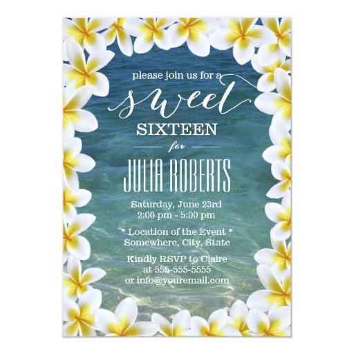 Tropical Plumeria Flowers Beach Sweet 16 5x7 Paper Invitation Card (front side)