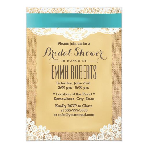 Turquoise Ribbon & Lace Burlap Bridal Shower 5x7 Paper Invitation Card (front side)