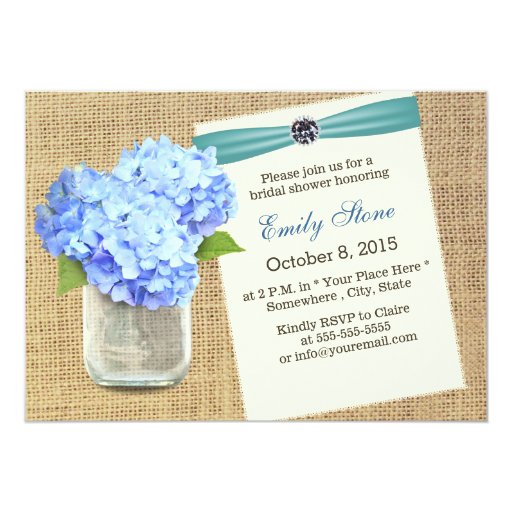 Blue Hydrangea & Mason Jar Burlap Bridal Shower 5x7 Paper Invitation Card