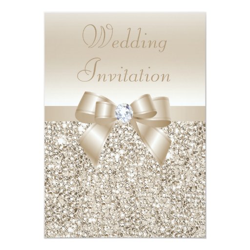 Wedding Champagne Sequins, Bow & Diamond 5x7 Paper Invitation Card (front side)
