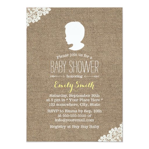 Rustic Burlap Baby Boy Silhouette Baby Shower 5x7 Paper Invitation Card