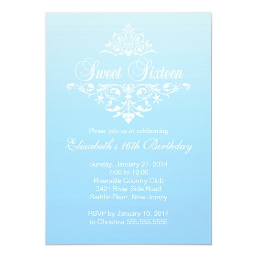 Modern Fancy Blue Sweet Sixteen Birthday Party 5x7 Paper Invitation Card (front side)