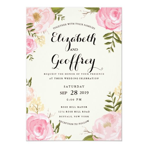 Modern Vintage Pink Floral Wedding Invitation 5" X 7" Invitation Card (front side)